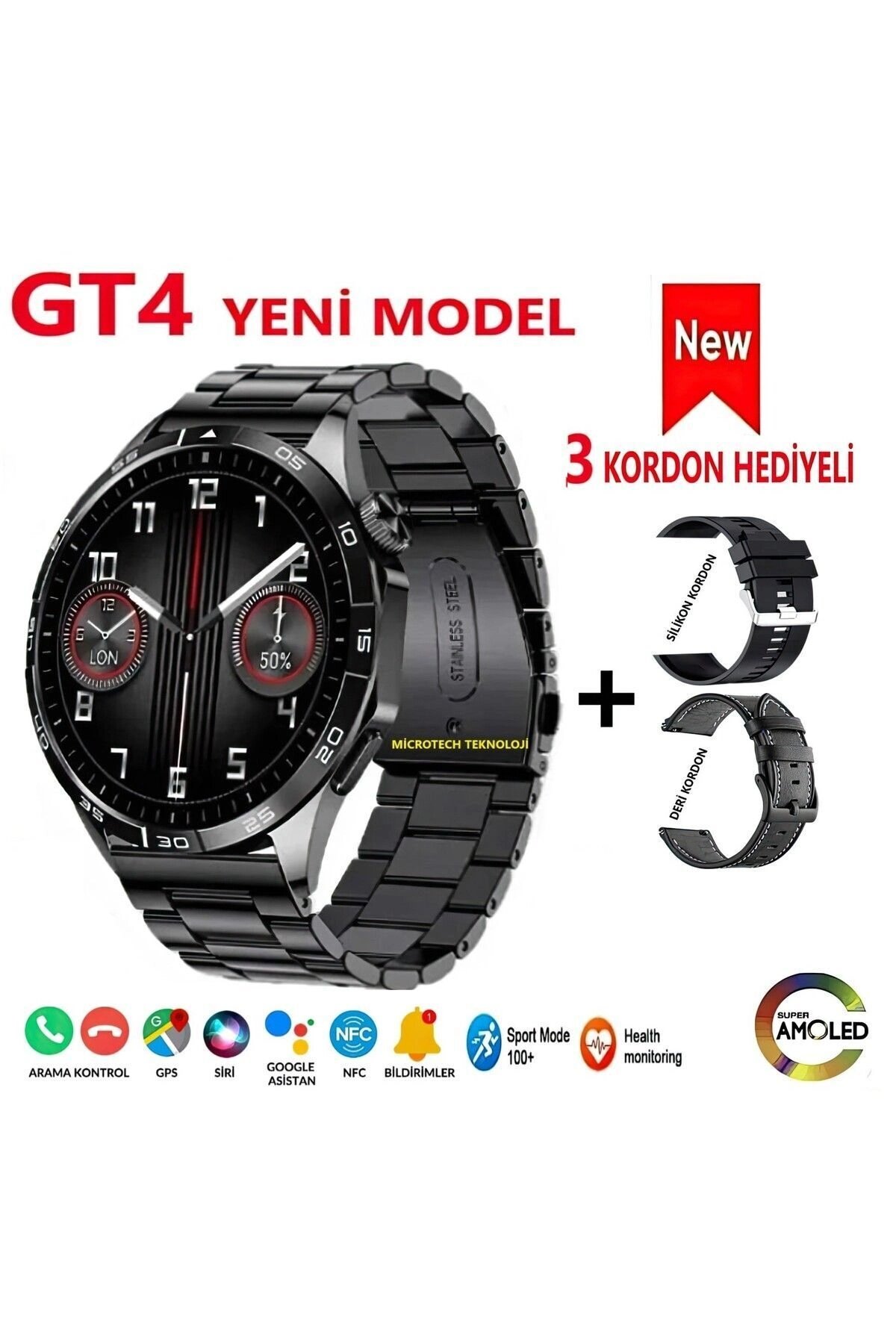 AMOLED Ekranlı Çelik Kasa ve Kordonlu Akıllı Saat, Nabız ve Uyku Takibi Özellikli, Siyah Renk