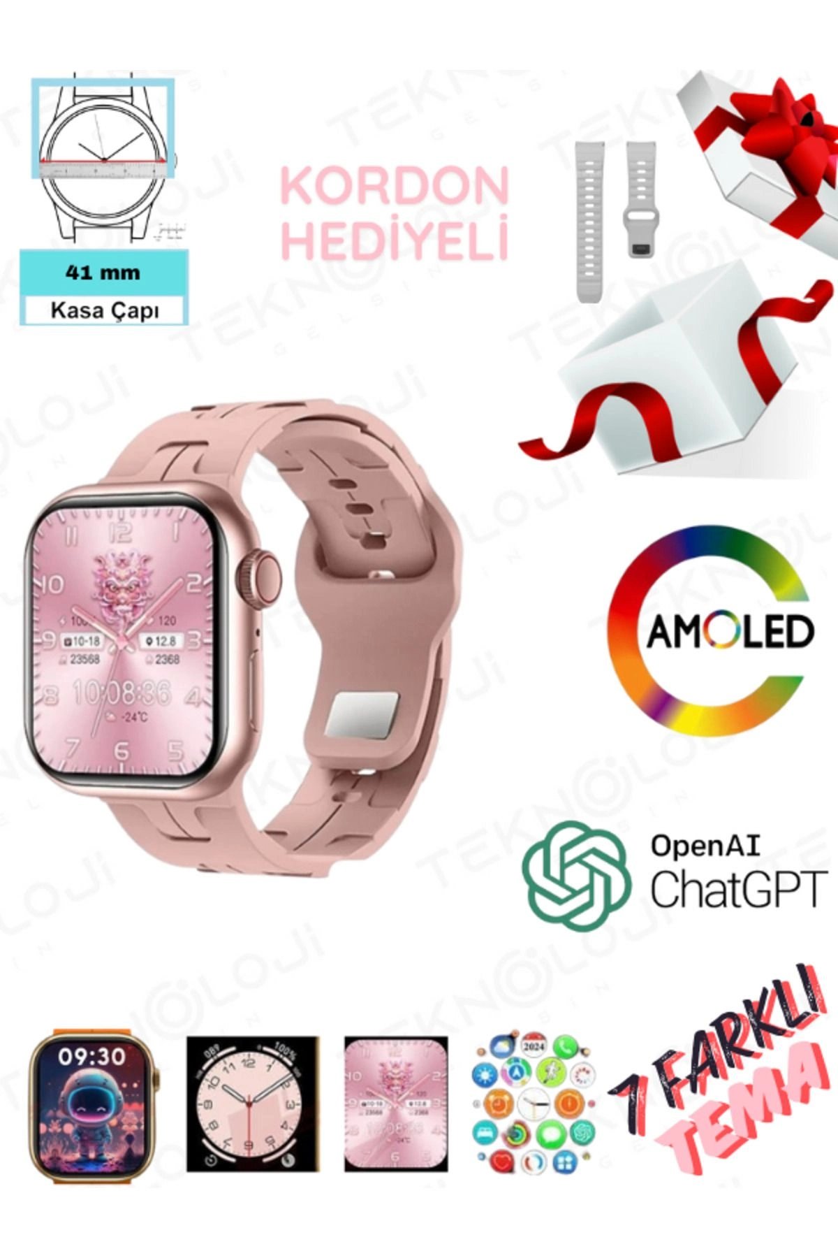 AMOLED ekranlı, sesli görüşme ve sağlık takip özelliklerine sahip, şık tasarımlı bir akıllı saat.