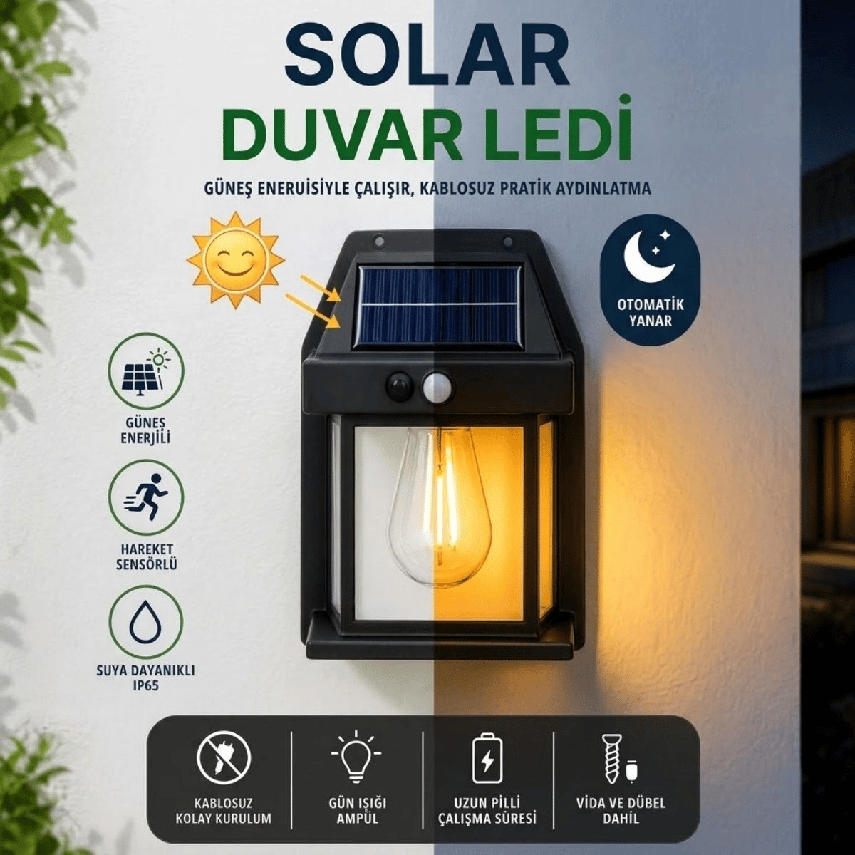 Ampul Model 3 Modlu Solar Led Duvar Lambası, Güneş Enerjili, Şarjlı Kablosuz Dış Mekân Apliği, Bahçe Ve Kapı Lambası Bx40