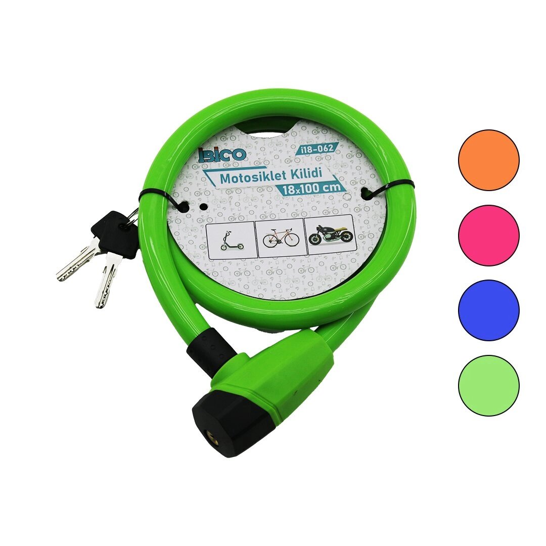 Anahtarlı Kalın Motor - Bisiklet Kilit Çelik Tel Renkli Kılıf 18mmx100cm Bx40