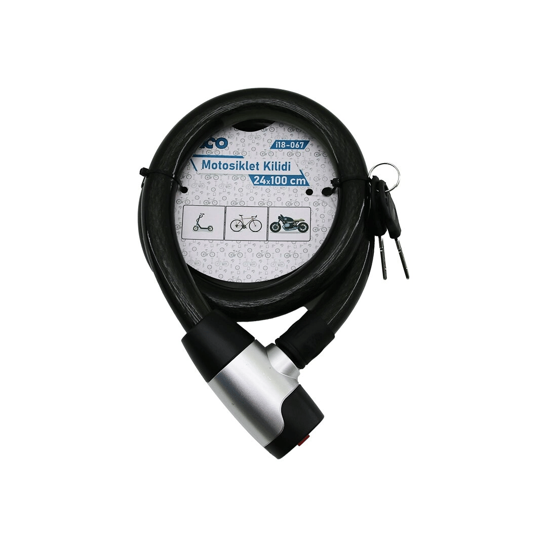 Anahtarlı Metal Kaplama Kafa Çek-it Kilit Kapak Motor - Bisiklet Kilit Çelik Tel Siyah Şeffaf Kılıf 24mmx100cm Bx40