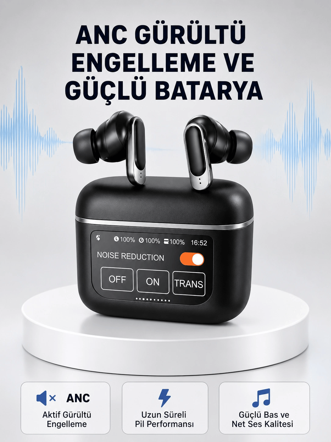 ANC Teknolojili Kablosuz Bluetooth Kulaklık – Dokunmatik, Dijital Göstergeli, Yüksek Ses Kalitesi
