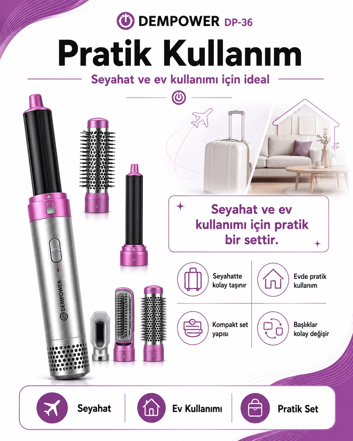 Anti Statik Etkili 5 Başlıklı Saç Şekillendirici Sıcak Hava Fırçası ve Maşa Seti
