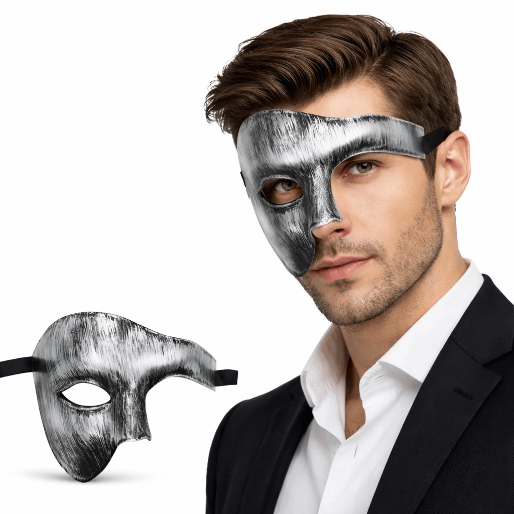 Antik Eskitme Gümüş Erkek Yarım Maske - Phantom & Balo Maskesi