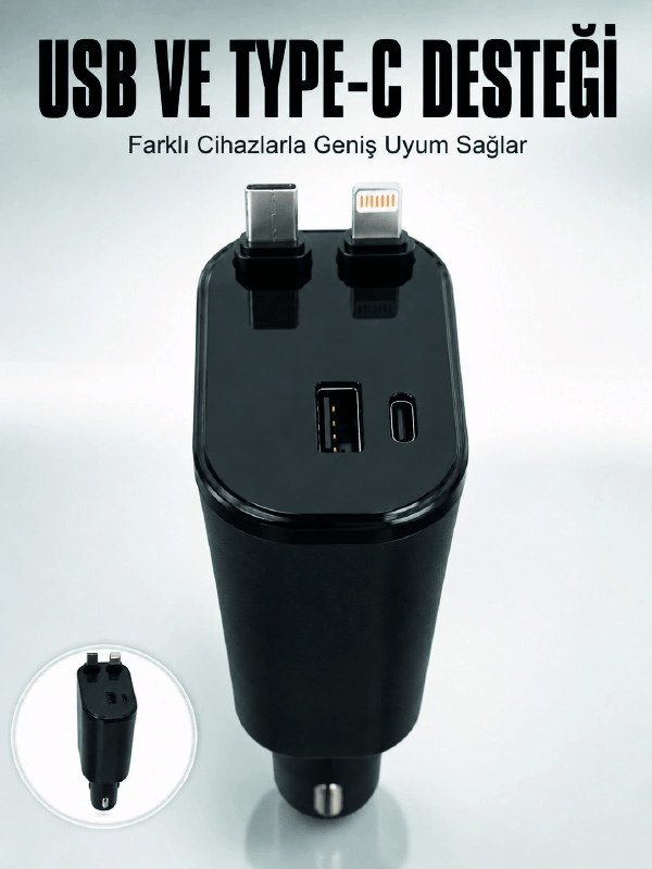Araç Çakmaklık Şarj Cihazı 120W Type-C & Lightning Kablolu Çoklu Hızlı Şarj İstasyonu