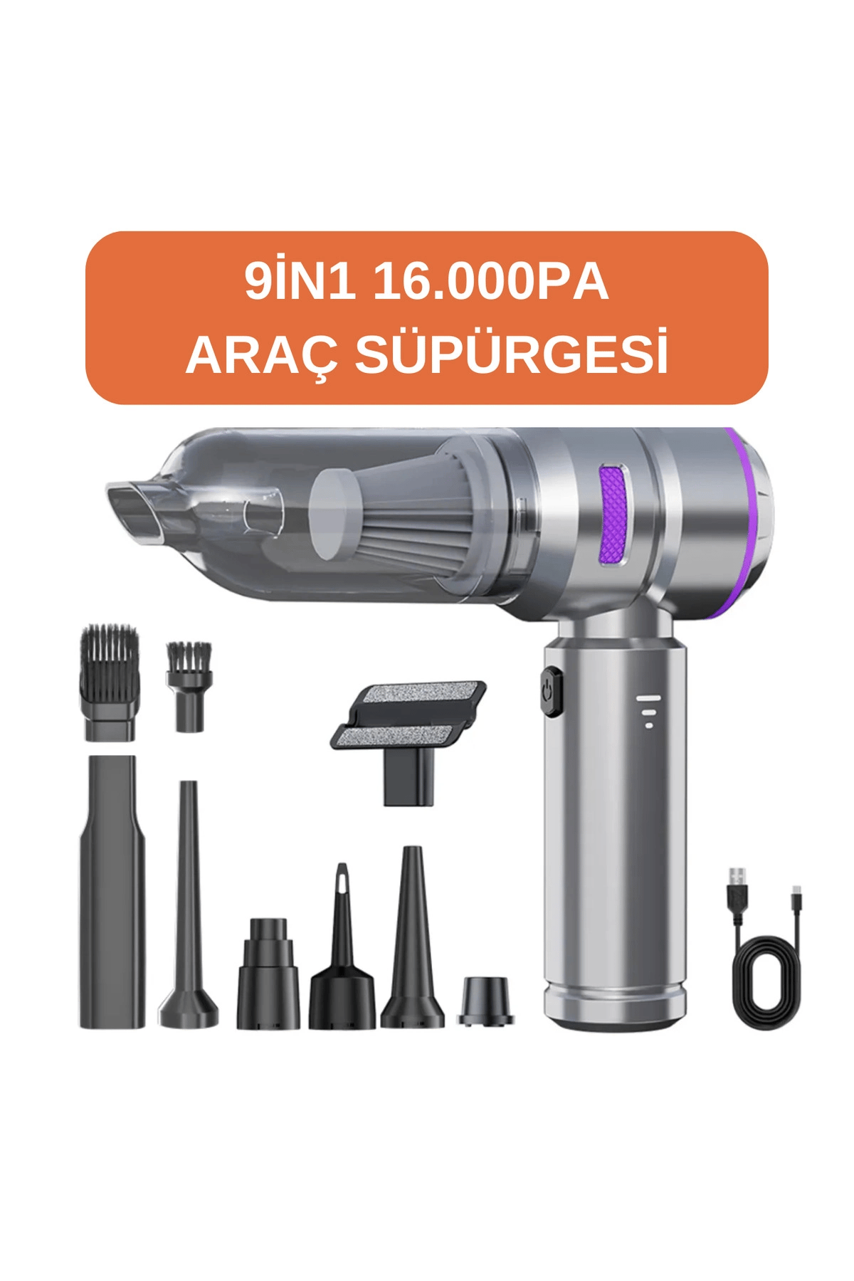 Araç içi süpürge şarjlı gümüş 0-250 watt 71-80 dba 2 yıl garantili 2-3 saat şarj süresi