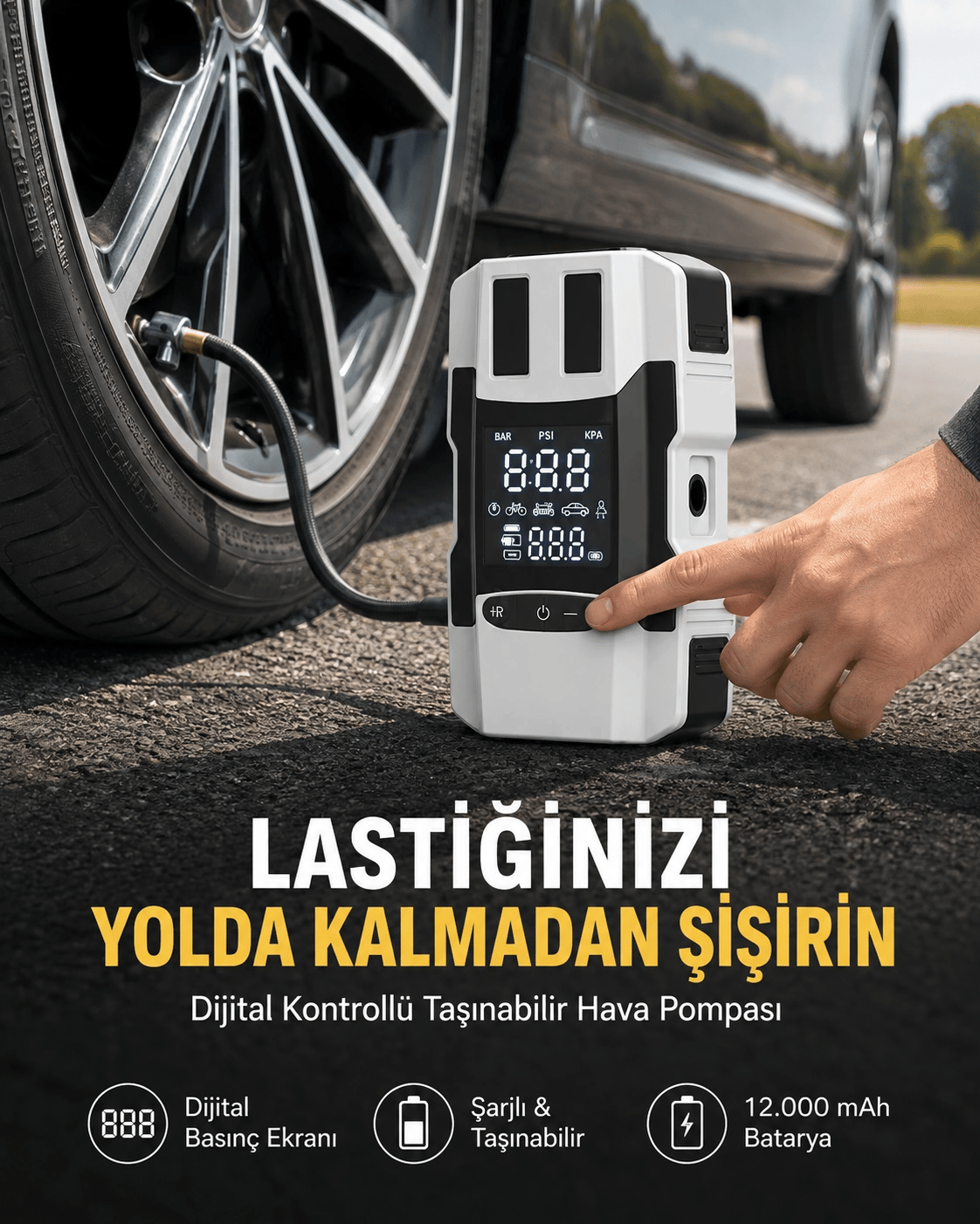 Araç Lastik Şişirme Pompası ve Akü Takviye Powerbank Bir Arada Yeni Nesil