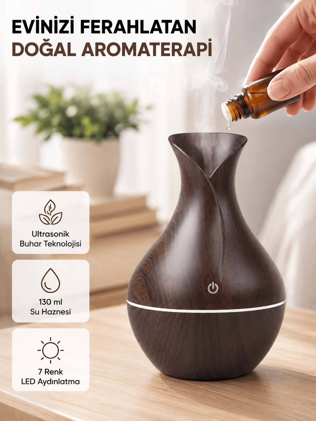 Aromaterapi Difüzör Ahşap Desenli ve Ultrasonik Nemlendirici LED Işıklı