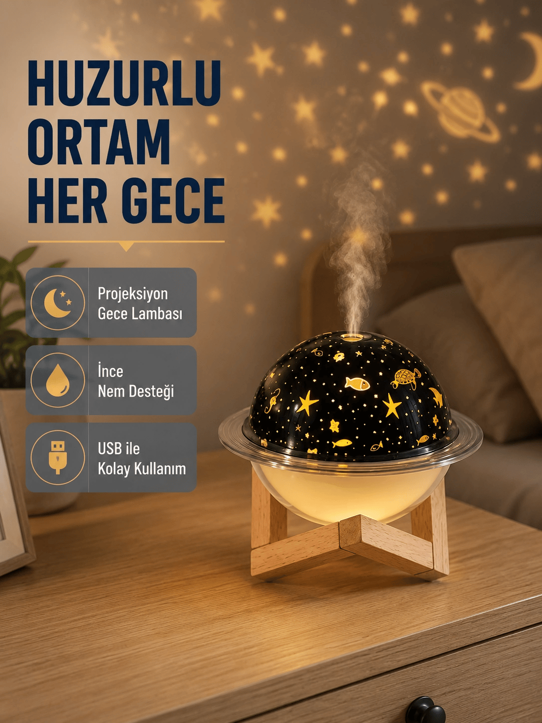 Aromaterapili USB Hava Nemlendirici – Projeksiyon Işıklı, Sessiz ve Şık Tasarım