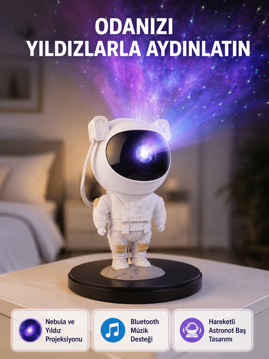 Astronot Projeksiyon Lambası Bluetooth Müzikli ve Uzaktan Kumandalı