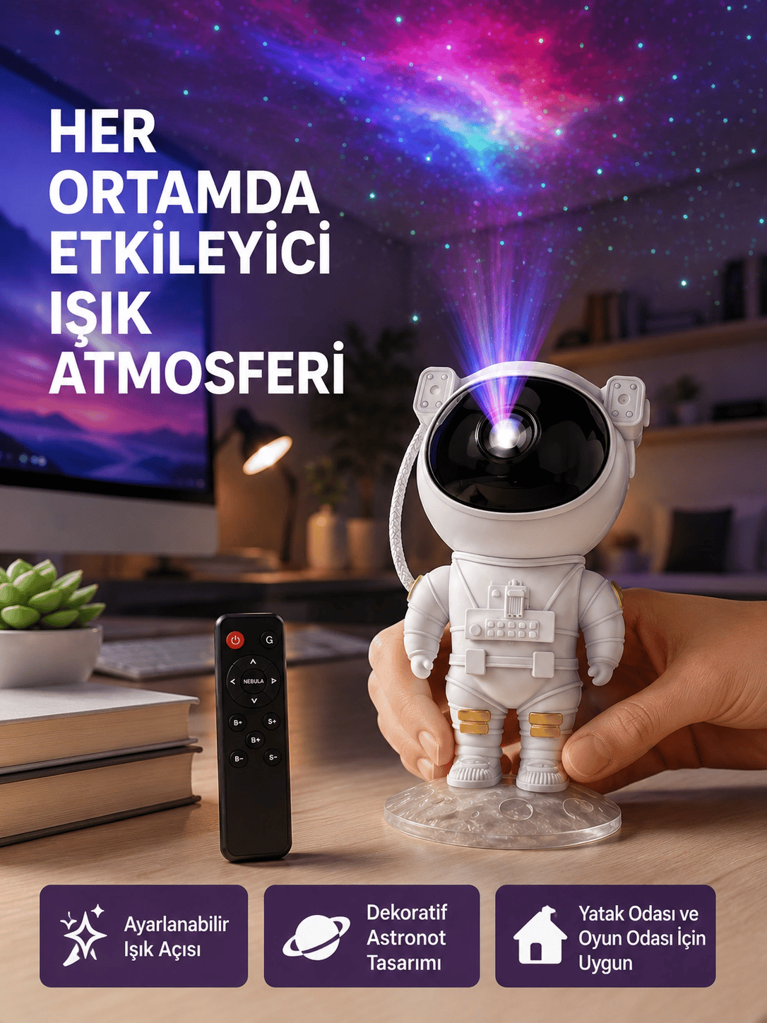 Astronot Yıldız Projeksiyon Lambası 8 Efektli Uzaktan Kumandalı Gece Işığı