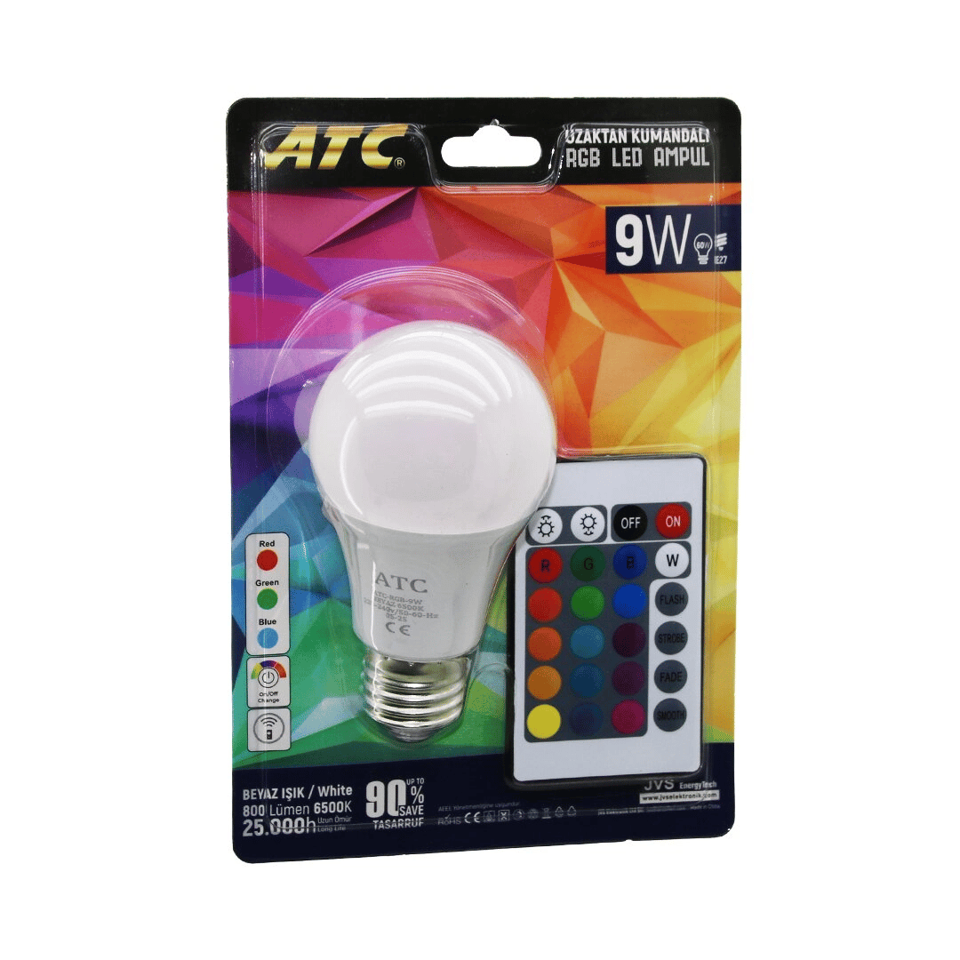 Atc-rgb-9w  Kumandalı   9w=60w  Rgb=16-renkli Led Ampul E27 800 Lümen 6500k 25.000 Saat Ömür Bx40