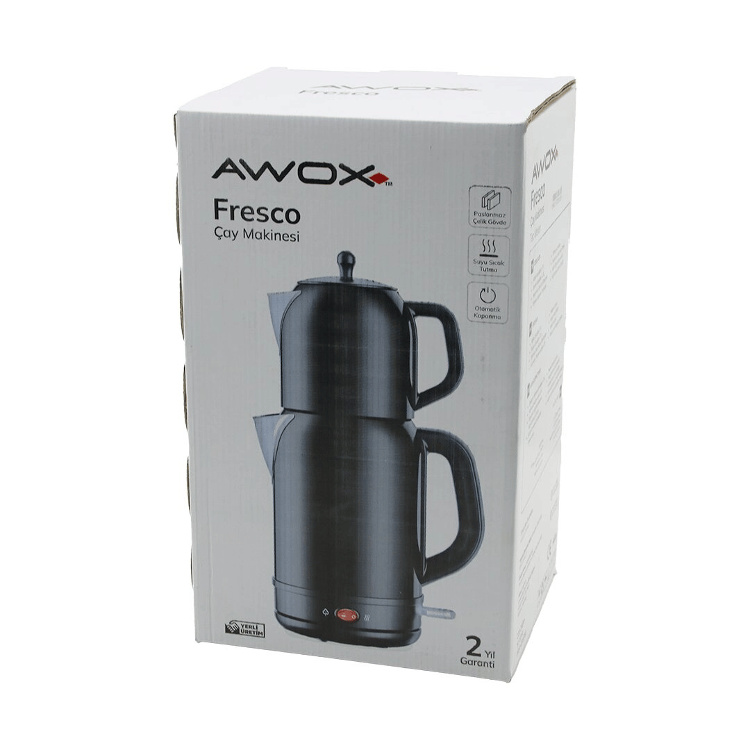 Awox Fresco Siyah Elektrikli Çay Makinesi Çaycı Set 1.7lt Su Isıtıcı + 1.2lt Demlik Paslanmaz Çelik Gövde 2200w Bx40