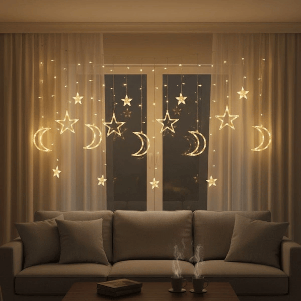 Ay Ve Yıldız Figürlü Kumandalı 12 Sarkıtlı 120 Led Dekor Işık – Dekoratif Ortam Ve Masaüstü Aydınlatması Bx40