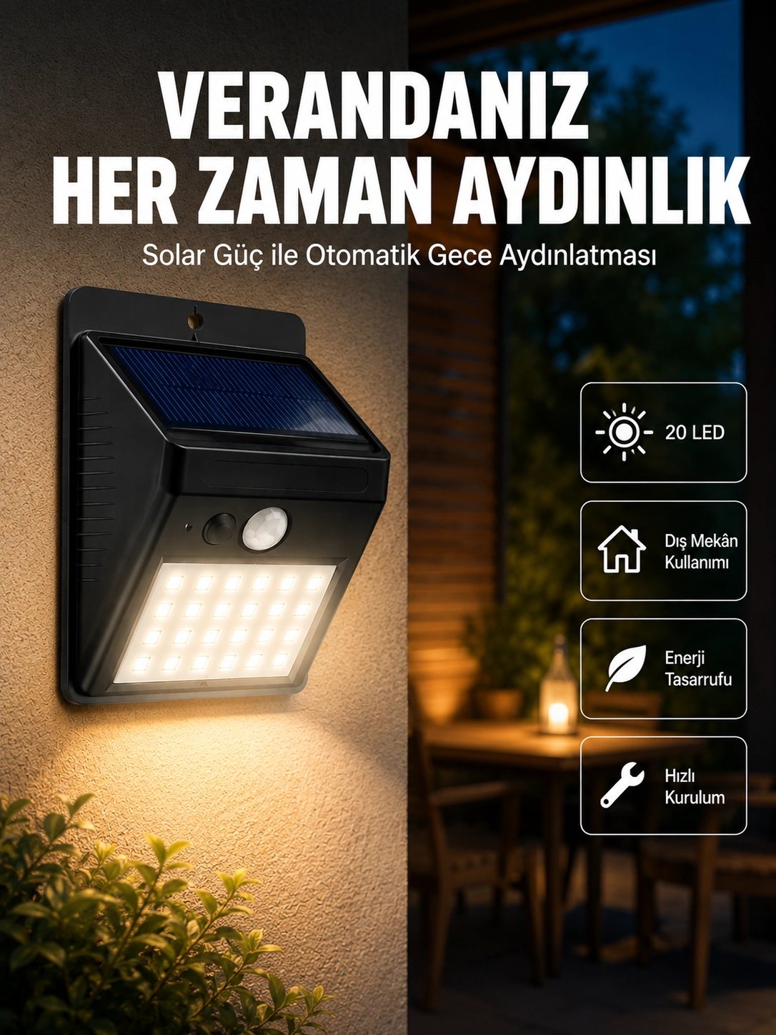 Bahçe ve Dış Mekanlar İçin Güneş Enerjili 20 LED Hareket Sensörlü Lamba Yeni Nesil