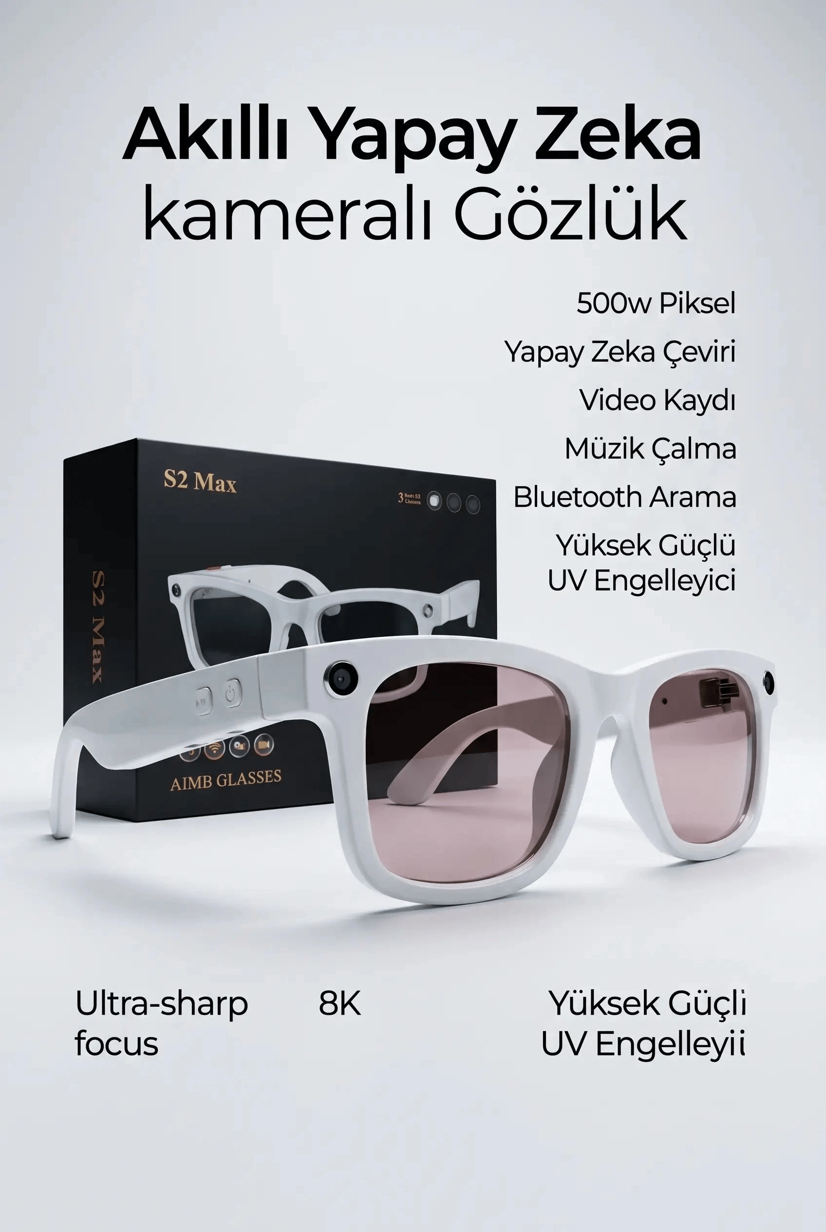Beyaz Akıllı Gözlük Fotoğraf Video Ses Kaydı Kablosuz Modern Premium Tasarım