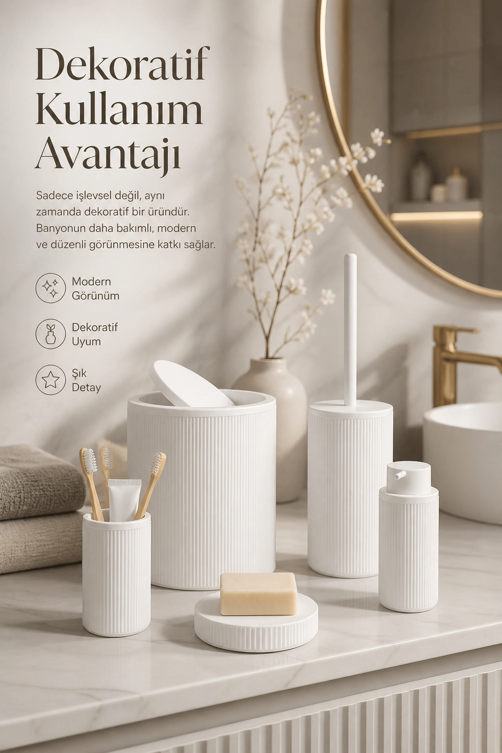 Beyaz Banyo Düzenleyici Set 5 Parça Çöp Kovası Tuvalet Fırçası Sabunluk Fırçalık
