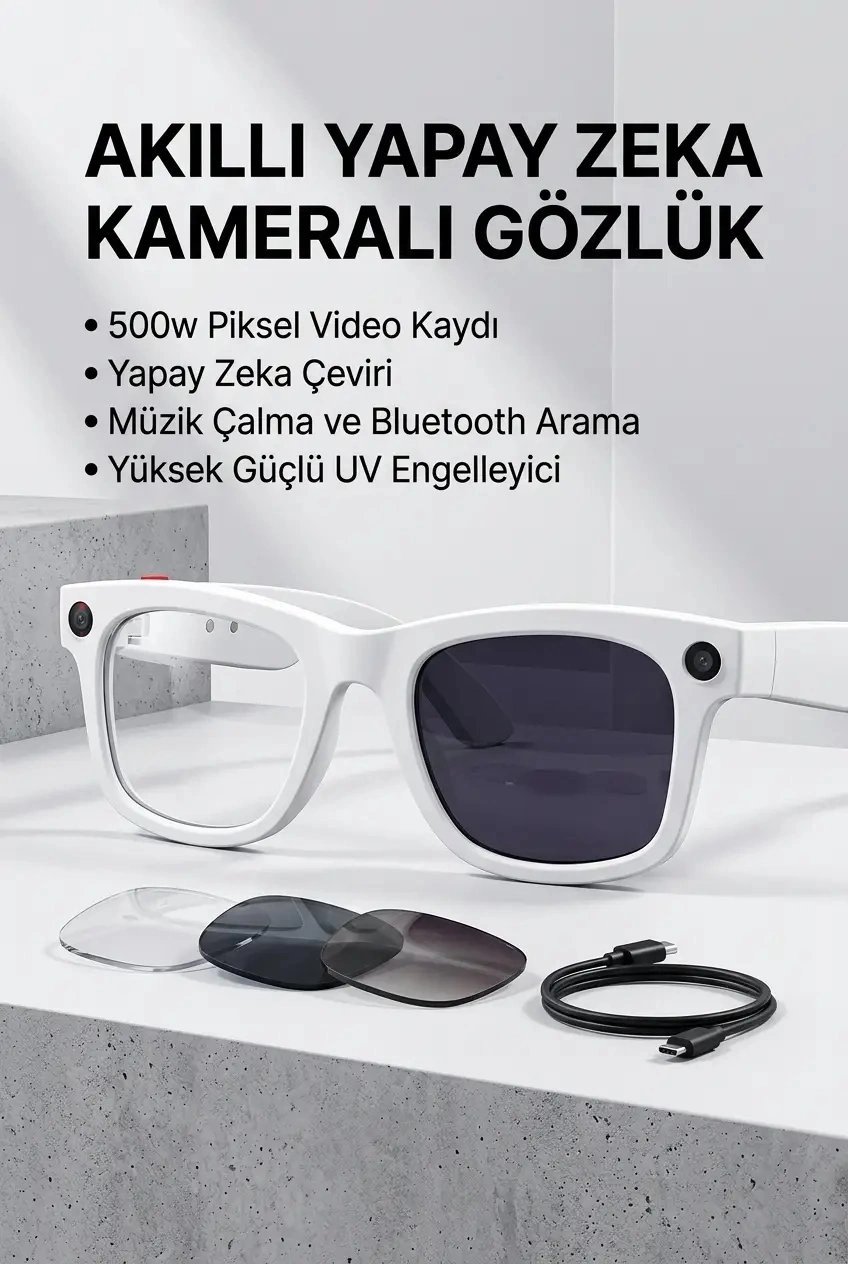 Beyaz Bluetooth Akıllı Gözlük Müzik Görüşme Kamera ve Mikrofon Özellikli