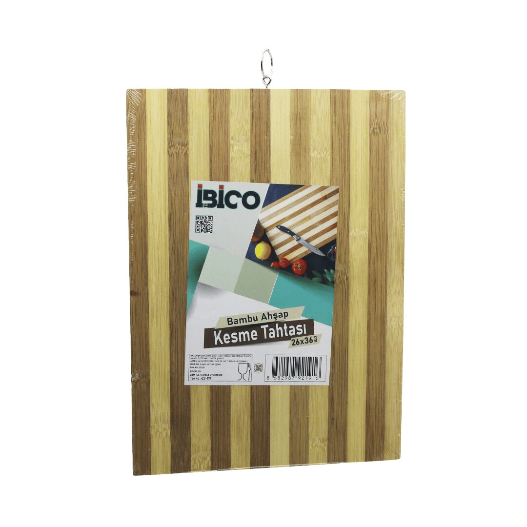 Beyaz Çizgili Ahşap Bambu Kesim Panosu - Kesme Tahtası Metal Kulplu 26 X 36 X 1.4cm Bx40