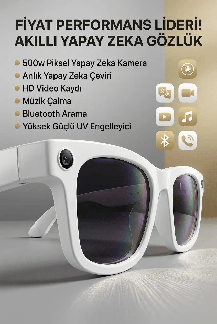 Beyaz Kameralı Bluetooth Akıllı Gözlük Fotoğraf Video ve Ses Kayıt Özellikli