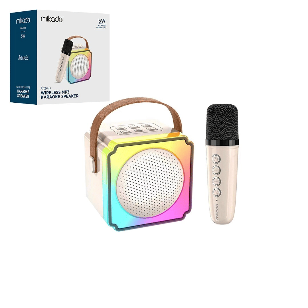 Beyaz Karaoke Mikrofonlu Wireless Hoparlör - Speaker Işıklı Usb Şarjlı Bt - Tf Card - Aux 5w Bx40