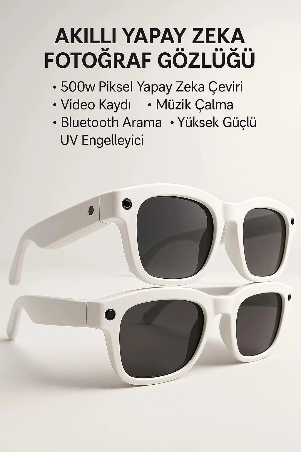 Beyaz Yapay Zeka Akıllı Gözlük Çeviri Sesli Asistan Kamera Bağlantılı Premium