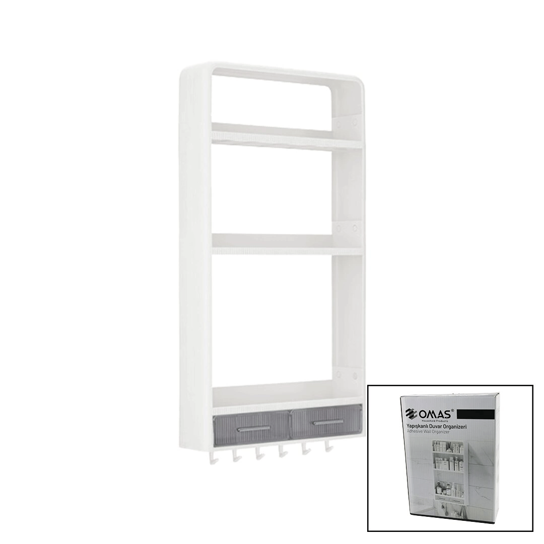 Beyaz Yapışkanlı Duvar Organizeri Plastik 3 Raf=14cm-19cm-30cm - 2 Çekmece=40cm - 6 Askı 19 Parça Bx40