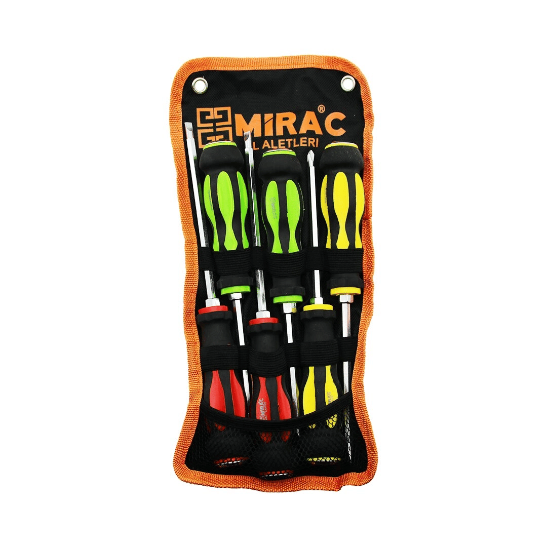 Bez Çantalı   Renkli - Kauçuk Kaplama Saplı   Darbeli   6lı Set   Çift Taraflı  Tornavida Takımı Bx40