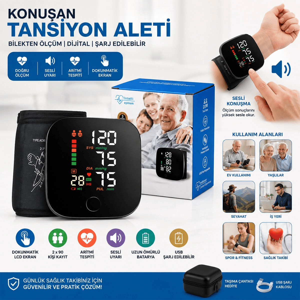 Bilek Ölçüm 7x8.3cm Usb Sarjlı - Dijital Konuşan Tansiyon Aleti Bk-606 Bx40