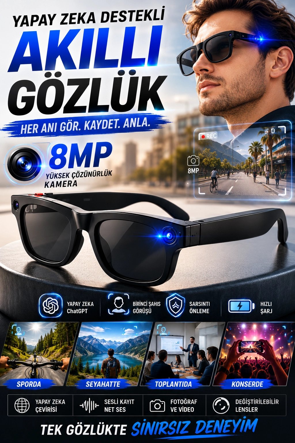 Birinci Şahıs Görüşlü 8MP Kameralı Yapay Zeka Akıllı Gözlük ChatGPT Destekli Model