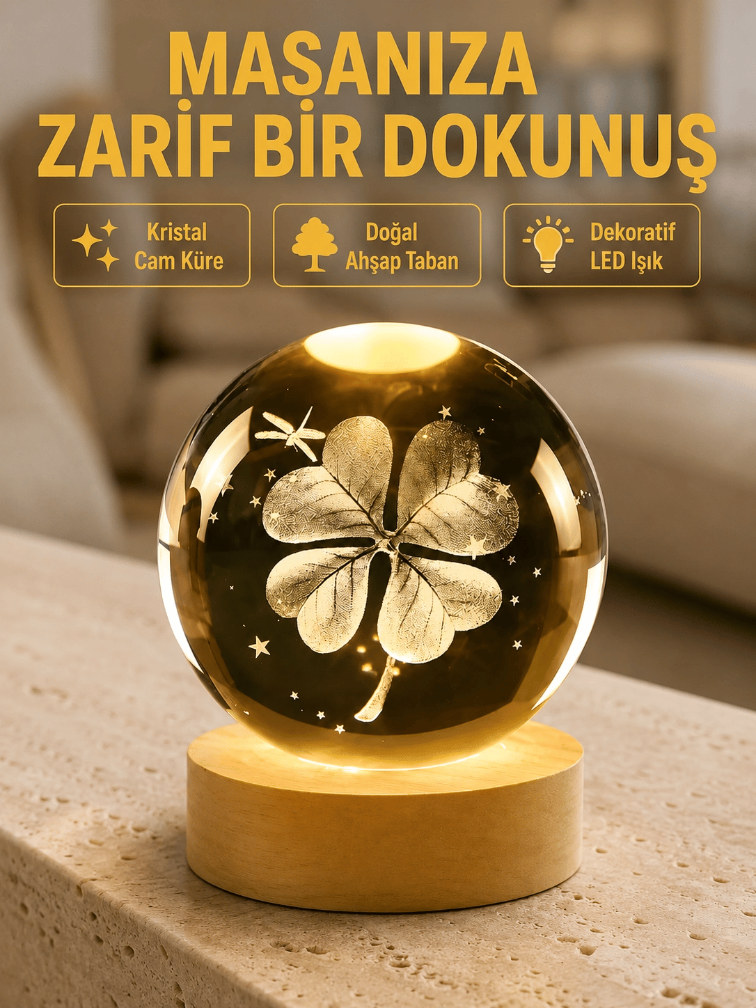 Bitki Temalı LED Işıklı Cam Küre Ahşap Standlı Modern Gece Lambası