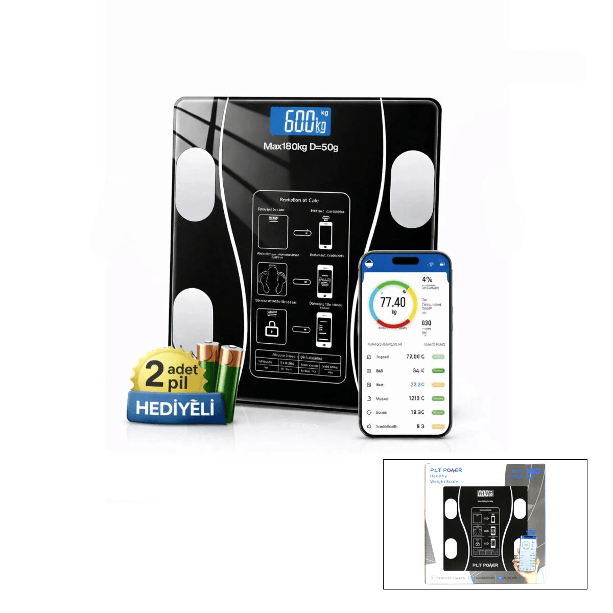Bluetooth - Vücut Analizli Dijital Baskül Terazi Tartı 180kg/50g Yağ -su -kas Oran -bmı Bx40