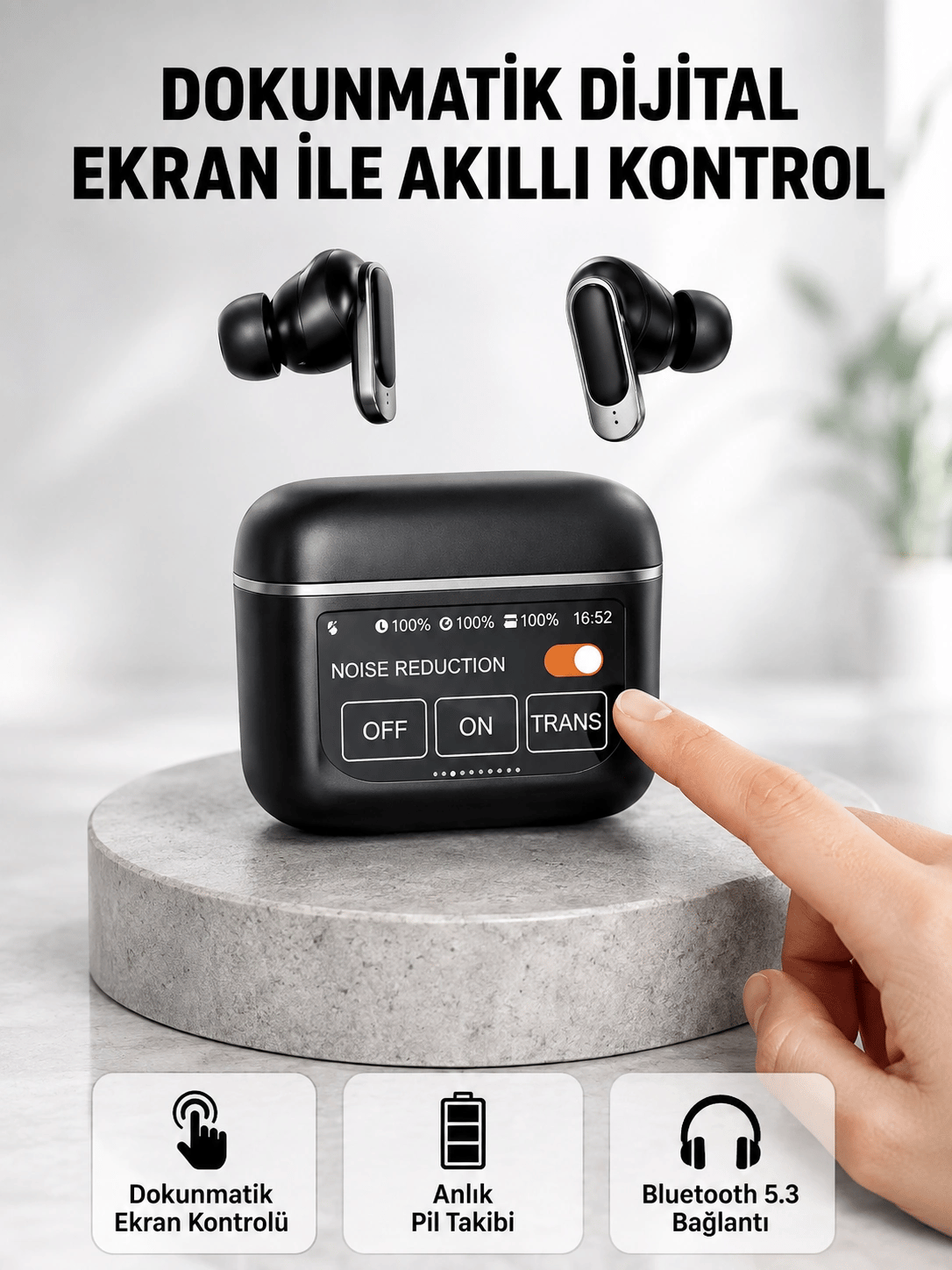 Bluetooth 5.3 ANC Kablosuz Kulaklık – Dokunmatik Kontrol, Dijital Ekran ve Uzun Pil Ömrü