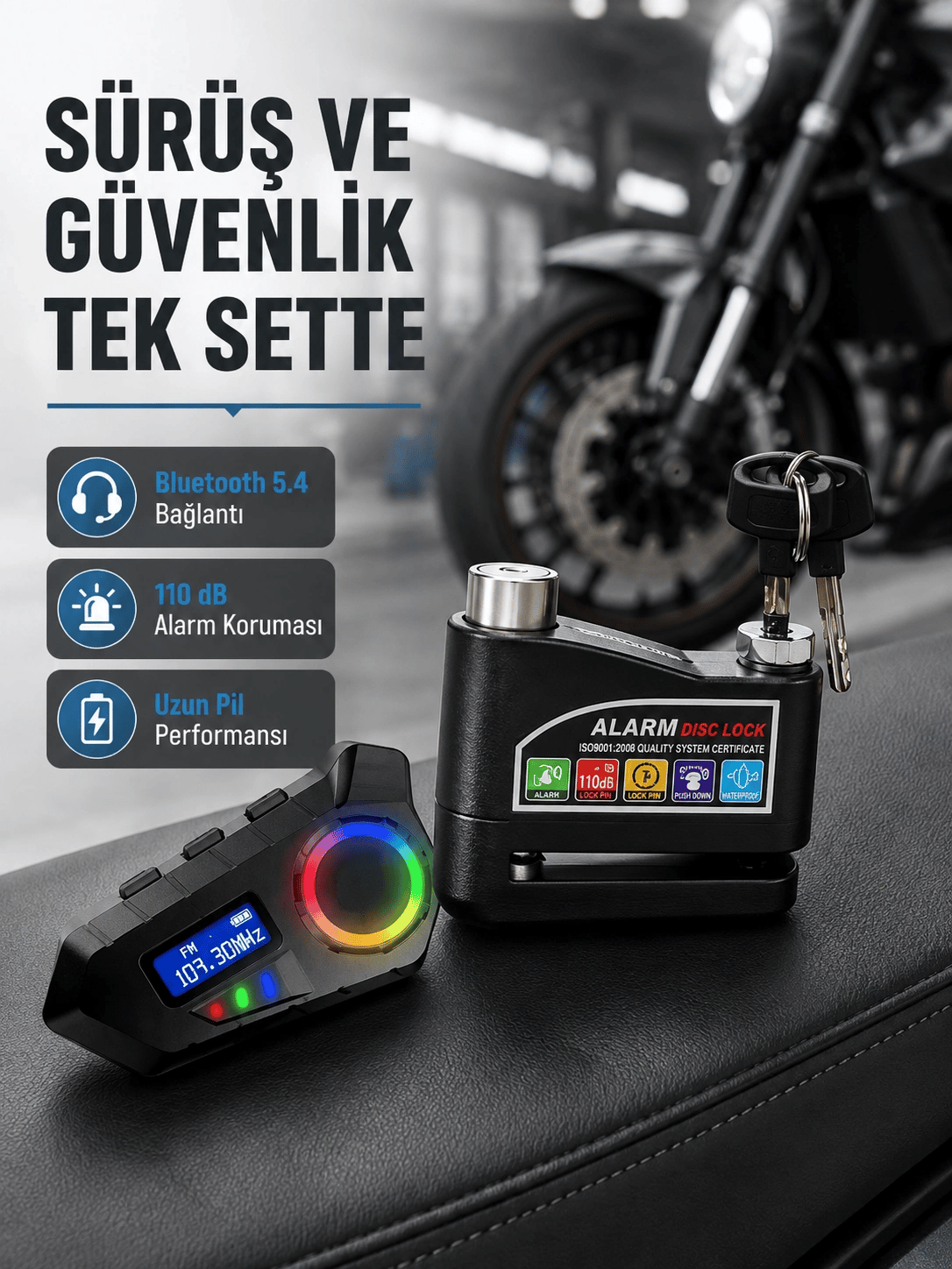 Bluetooth 5.4 İntercom ve Alarmlı Disk Kilidi Seti Güçlü Ses ve Güvenlik