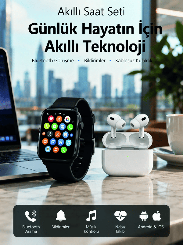 Bluetooth Arama Özellikli Akıllı Saat Seti Kablosuz Kulaklık Hediyeli, Android & iOS Uyumlu