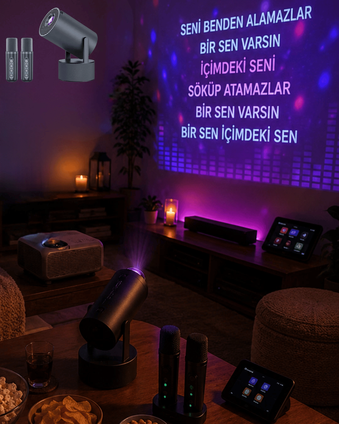 Bluetooth Hoparlörlü Akıllı Projektör Kablosuz Karaoke Mikrofonlu