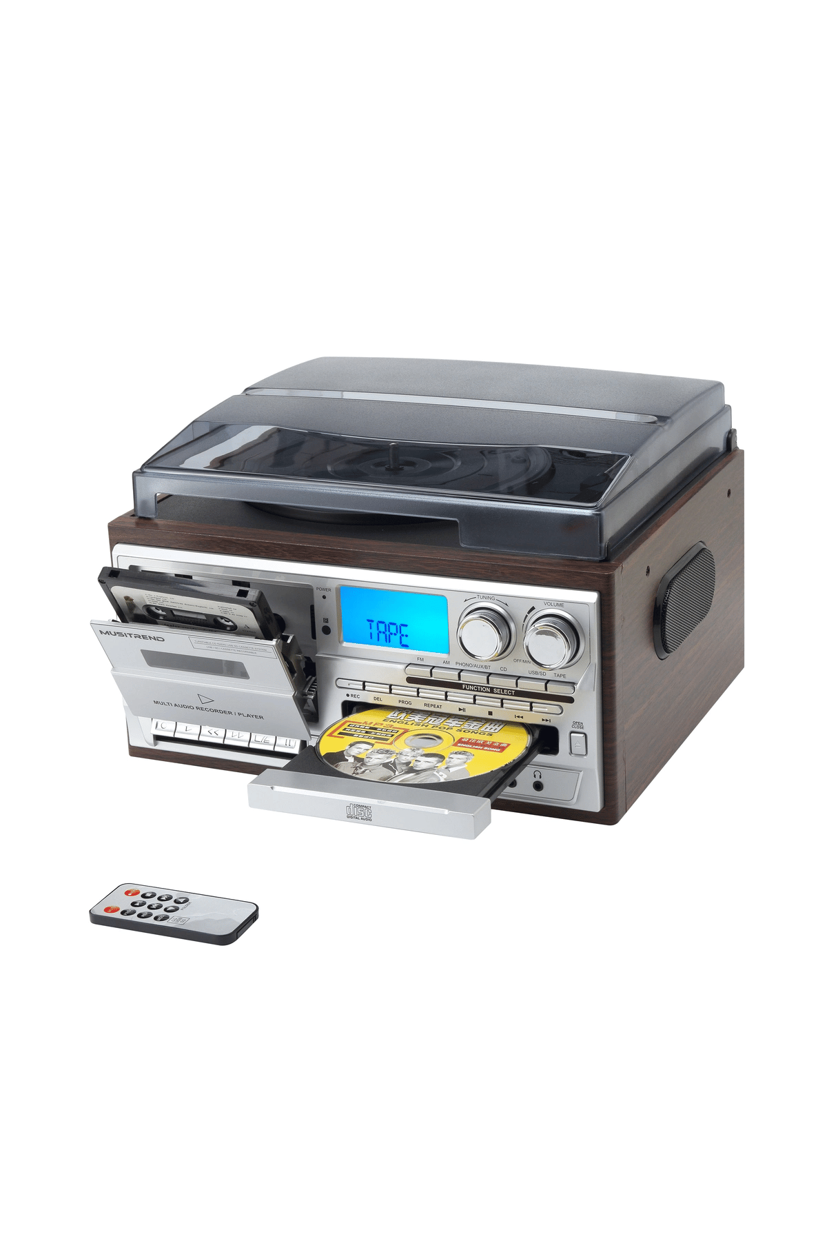 Bluetooth kumandalı CD, kaset, USB, radyo ve 33-45-78 devir plak çalabilen pikap kahverengi