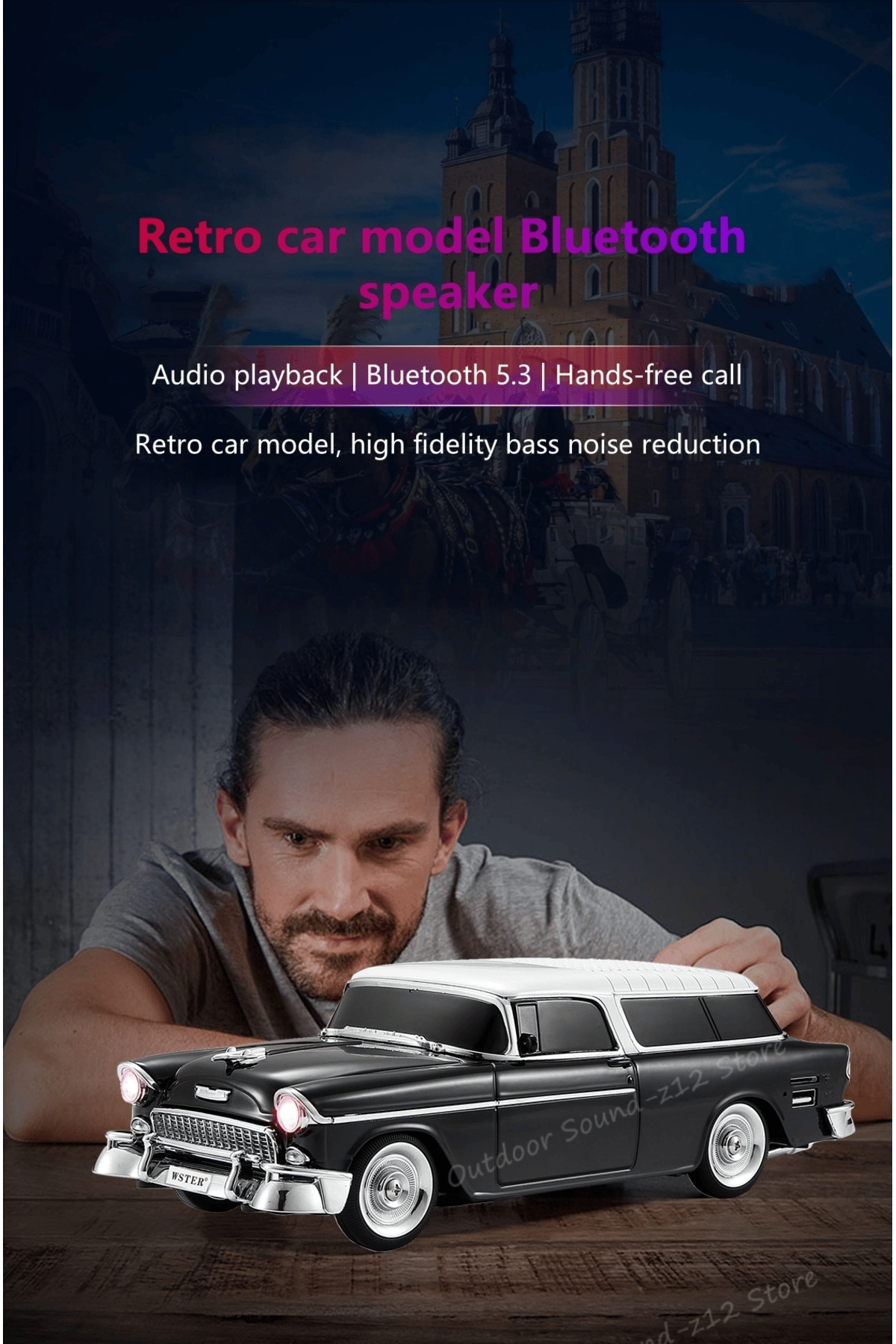 Bluetooth özellikli siyah nostaljik araba tasarımlı hoparlör 10 watt FM radyo SD kart USB