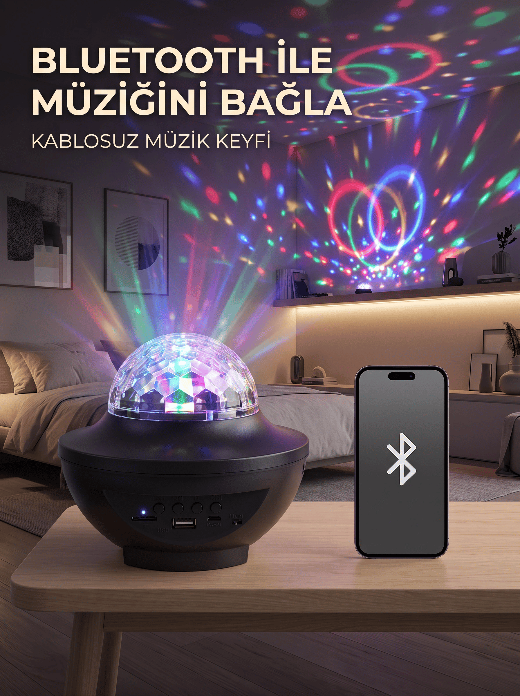 Bluetooth RGB Parti Işığı Hoparlörlü Disko Lambası MP3 USB ve Hafıza Kartı Destekli