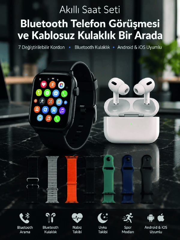 Bluetooth Telefon Görüşmeli Akıllı Saat Seti Kablosuz Bluetooth Kulaklık 7 Değiştirilebilir Kordon