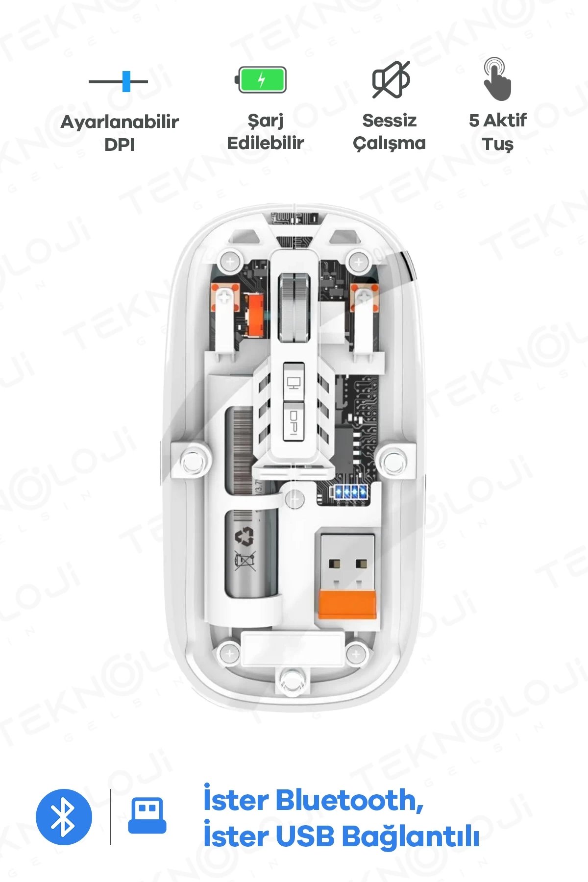 Bluetooth USB Çift Modlu Sessiz Mouse, Şeffaf Mıknatıslı Kapaklı, Type-C Şarjlı, DPI Ayarlı, Kablosuz 10m Çekim Mesafeli, Masaüstü Kısayol Tuşlu, Taşınabilir Şarjlı Mouse Beyaz