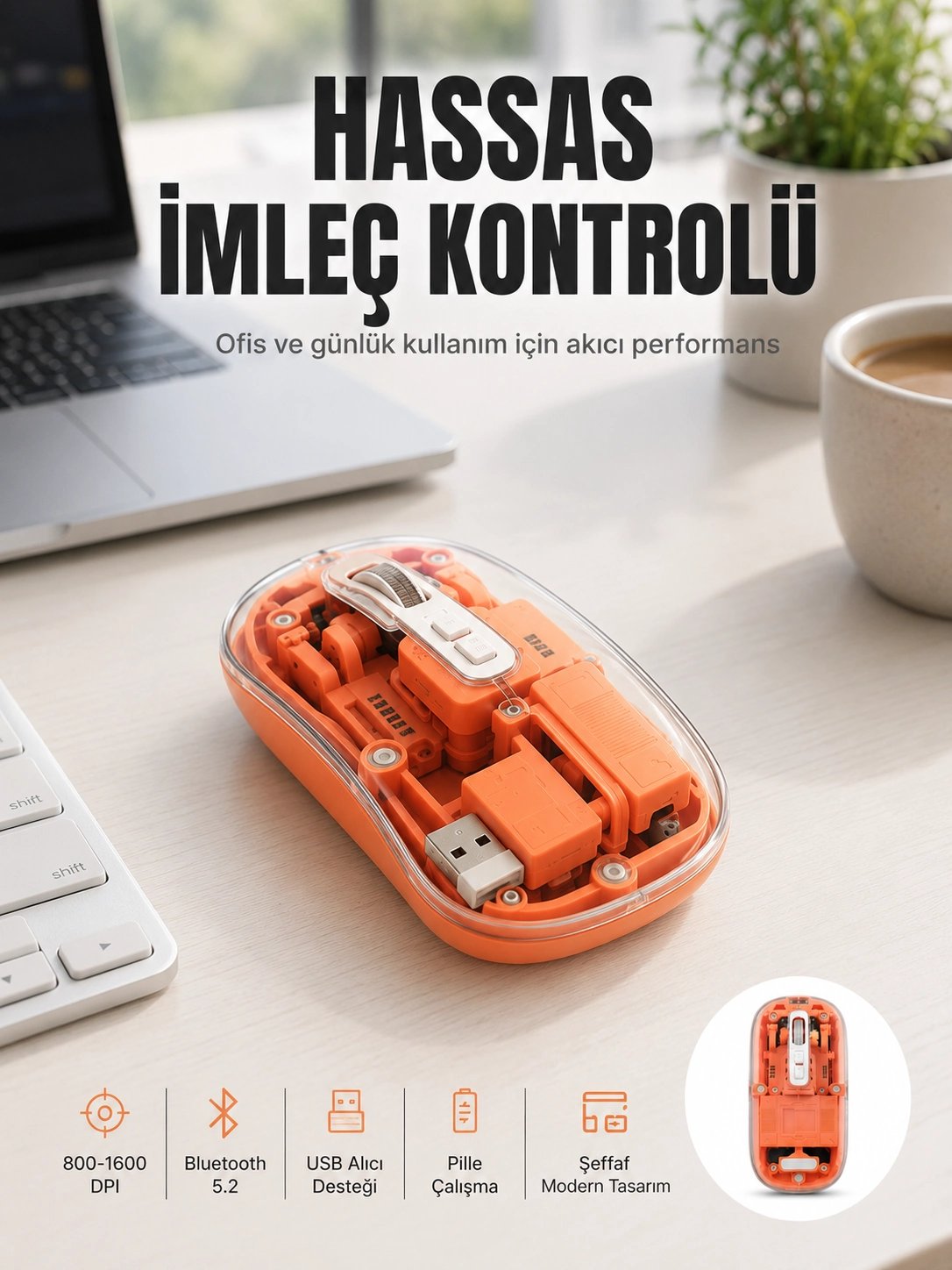 Bluetooth ve USB Destekli Kablosuz Şeffaf Mouse Sessiz Kullanım Yeni Nesil