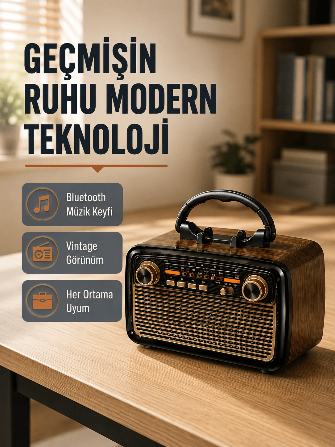 Bluetooth’lu LED Işıklı Nostaljik Müzik Kutusu – Ahşap Dokulu, Vintage Tasarım ve Yüksek Ses Kalitesi