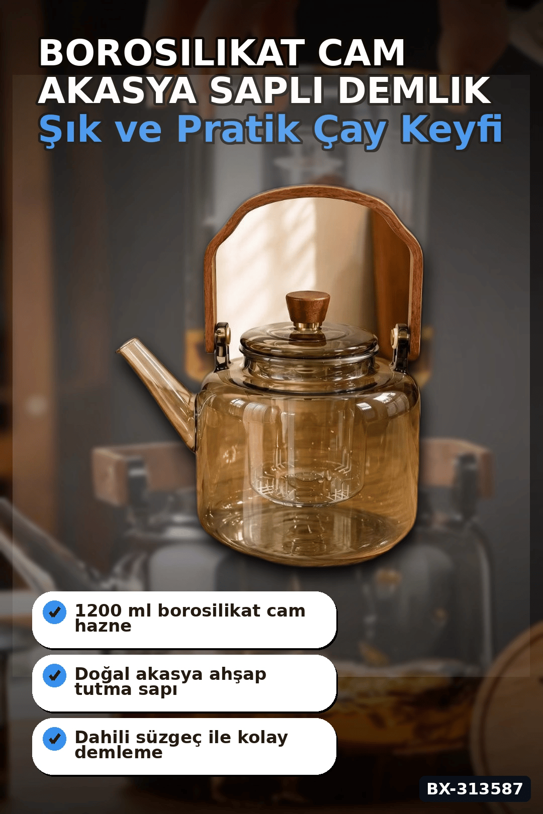 Borosilikat Cam Demlik 1200 Ml Akasya Saplı Süzgeçli Bulaşık Makinesinde Yıkanabilir BX-313587