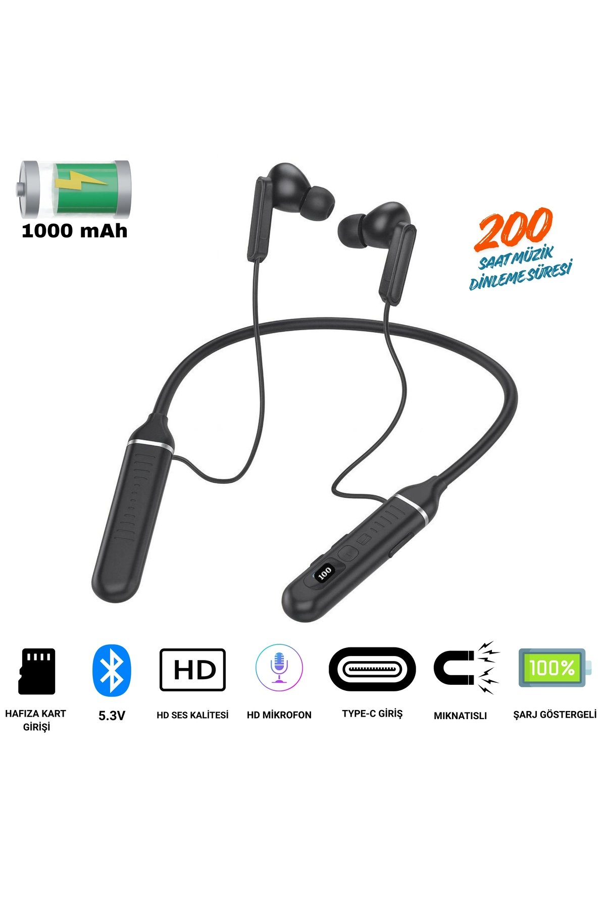 Boyun Bantlı Spor Bluetooth Kulaklık, Şarj Göstergeli ve Hafıza Kart Girişli Kablosuz Müzik Dinleme