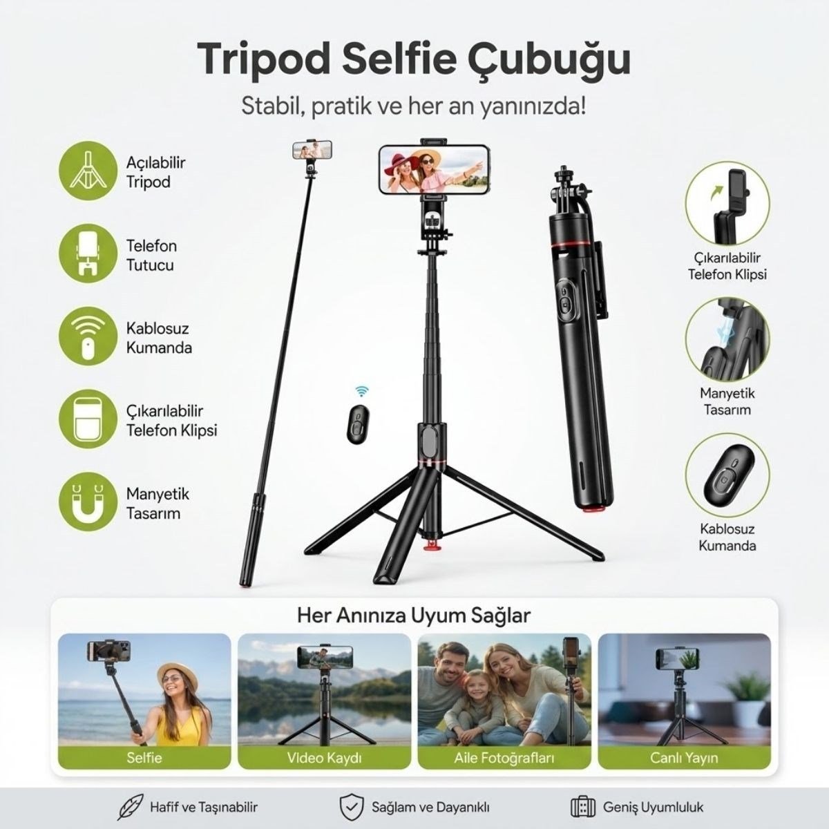 BUFFER® 130 cm Uzayabilen Manyetik Kumandalı Tripod ve Ayarlanabilir Telefon Tutuculu, Alüminyum Gövdeli Selfie Çubuğu