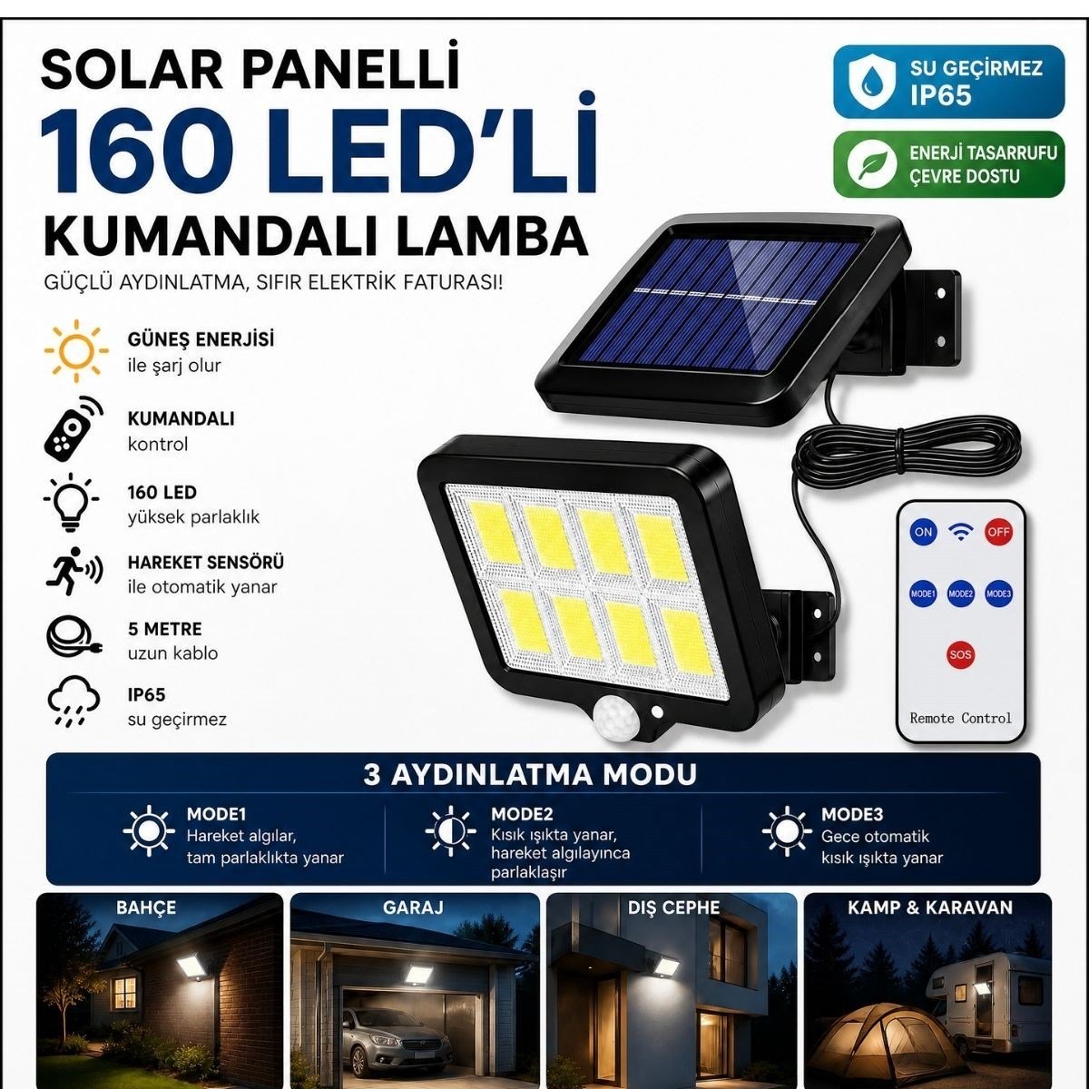 BUFFER® 160 LED Solar Bahçe Aydınlatması, 6'lı Güneş Panelli LED Lamba, 5 Metre Kablolu ve Kumandalı