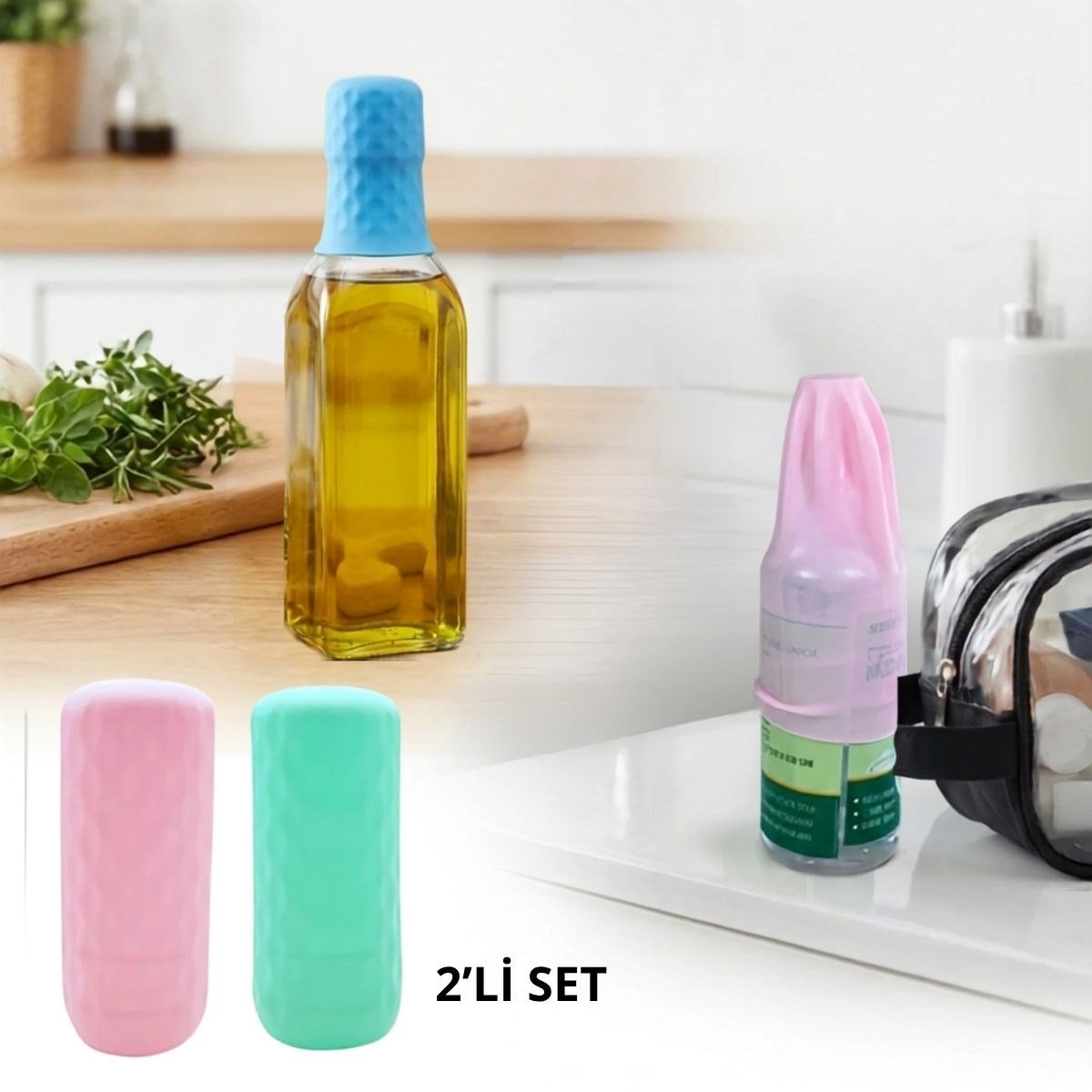 BUFFER® 2 Adet Silikon Şişe Kapağı – Seyahat Tipi Sızdırmaz Elastik Şampuan, Losyon ve Parfüm Şişesi Koruyucu