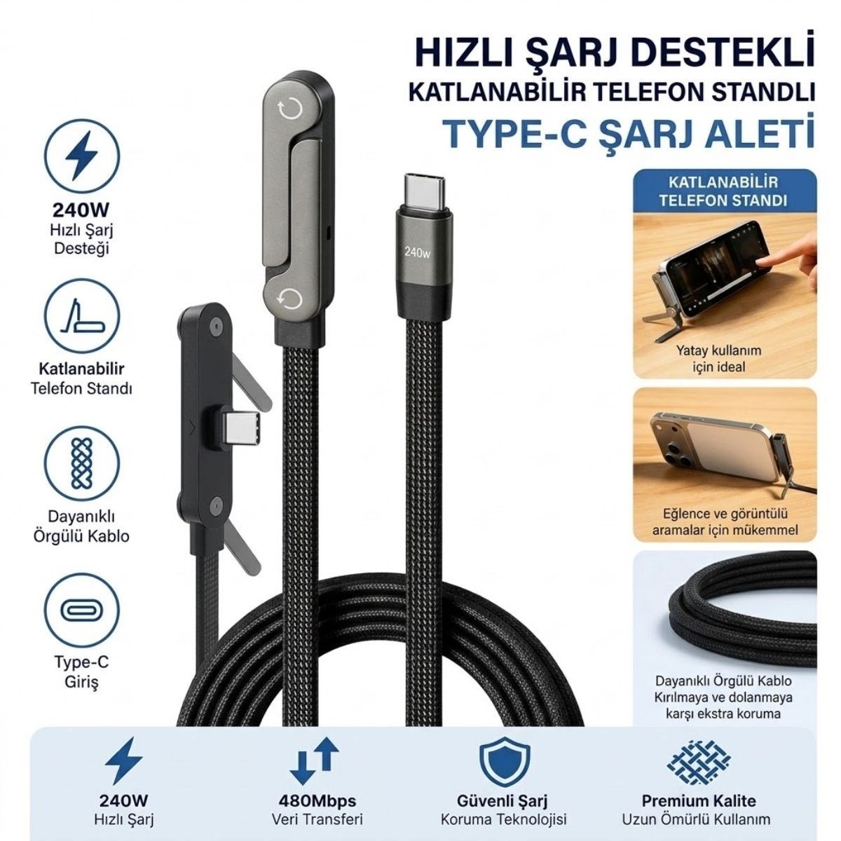 BUFFER® 240W Hızlı Şarj Destekli Katlanabilir Telefon Standlı Örgülü Type-C to Type-C Şarj Kablosu