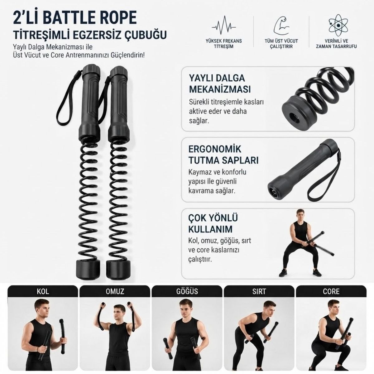 BUFFER® 2'li Battle Rope Titreşimli Egzersiz Çubuğu, Yaylı Dalga Mekanizmalı Kol, Omuz, Göğüs, Sırt ve Core Antrenman Aleti